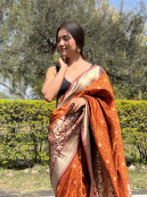PREMIUM ORANGE BANRASI SILK GOLDEN ZARI WORK WITH CONTRAST BLOUSE